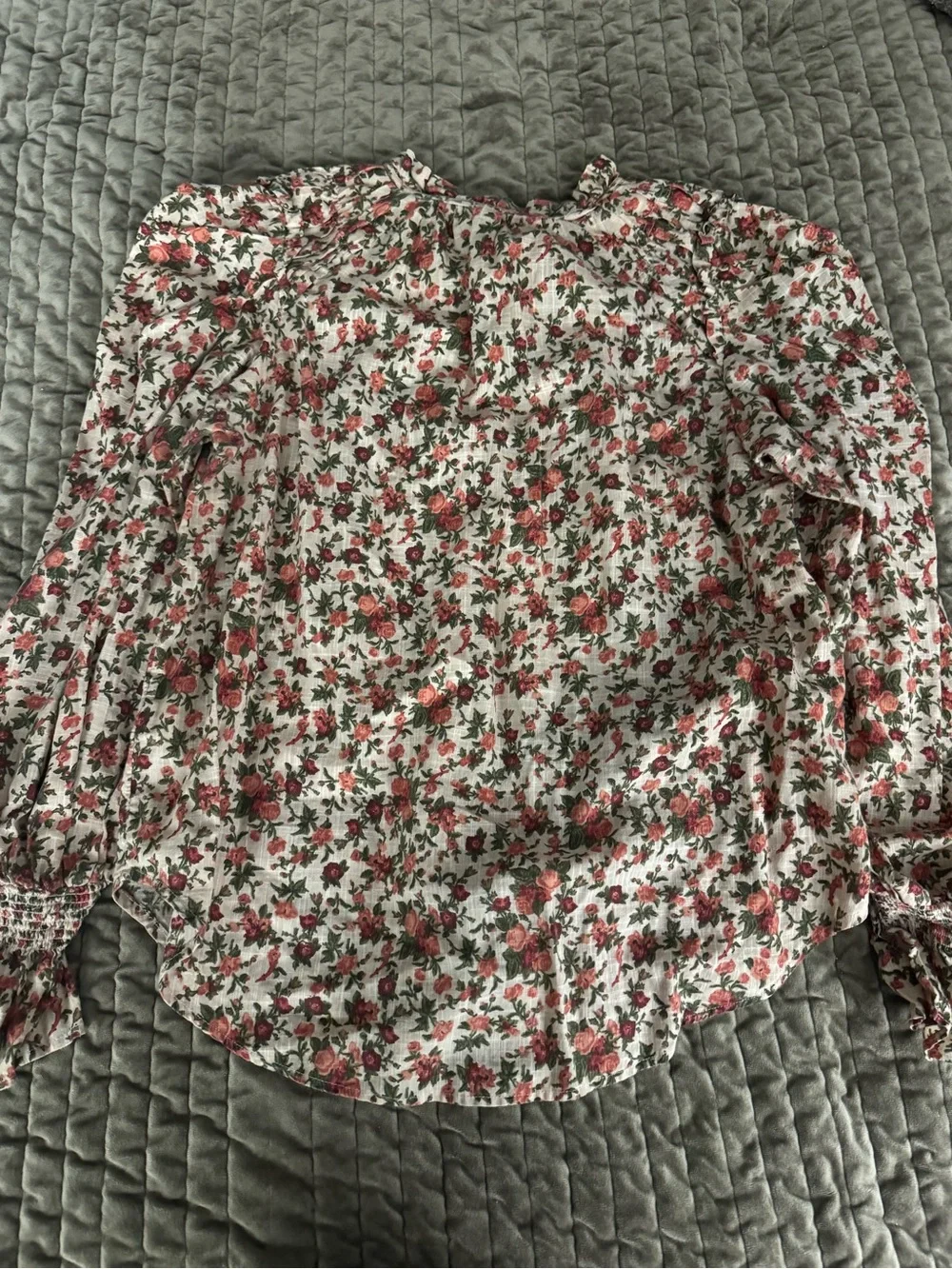 Free People Blouse Floral Tie-Neck Puff Sleeve
